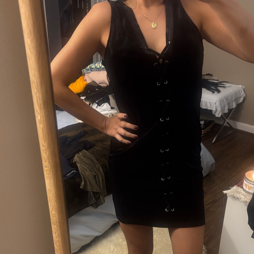 Elegant Velvet Black Lace-Up Dress size L